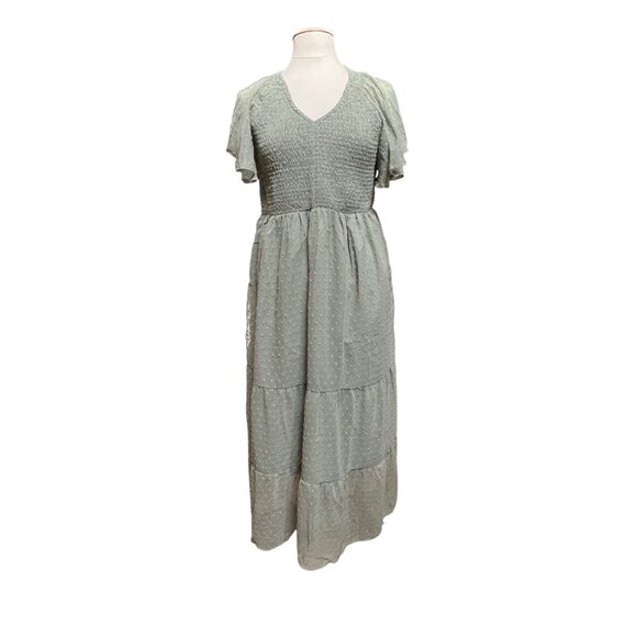 Dress Smock Top Tiered Layered Green Dot Flutter Short Sleeve Fairy Size XLarge - Picture 1 of 9